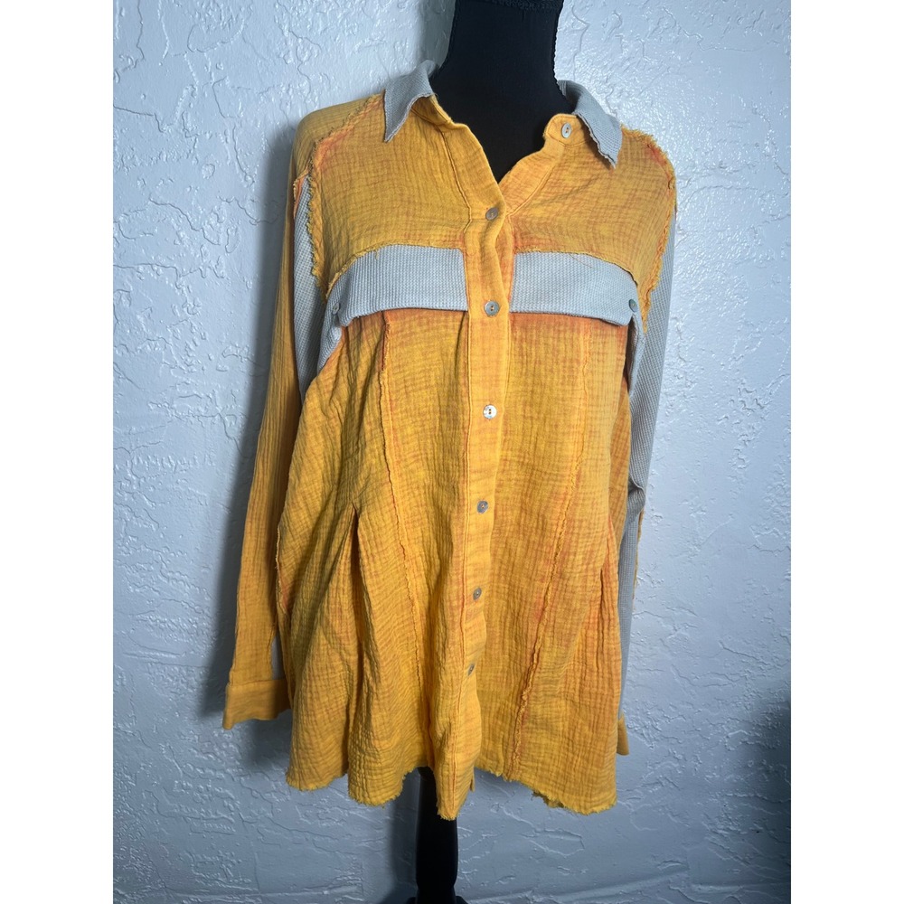 OTT Mustard Cotton Gauze Mixed Media Button Front Tunic M/L Lagenlook